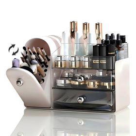 RONGZHIERK makeup organizer vanity with covered brush holder keeps brushes dust-free and accessible.