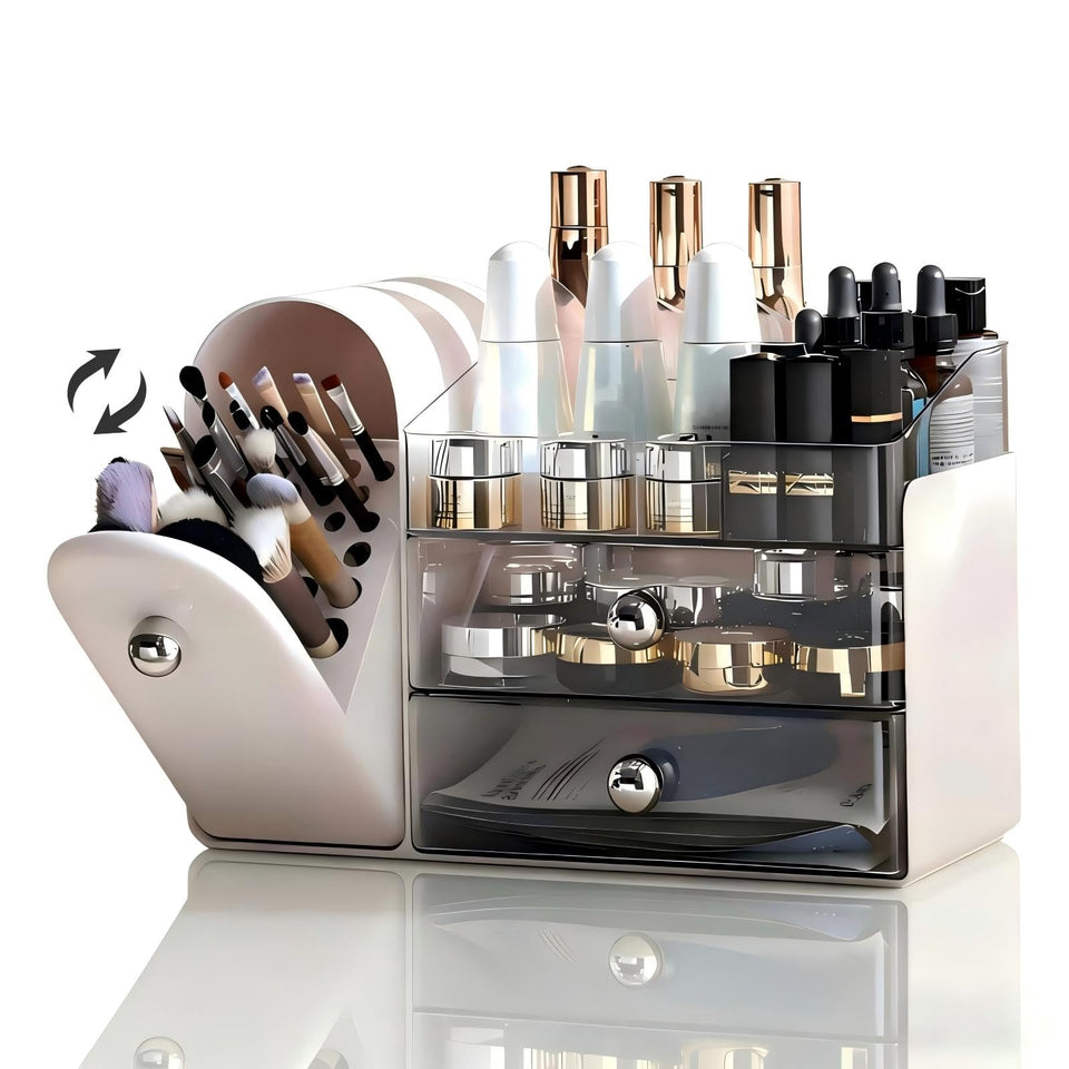 RONGZHIERK makeup organizer vanity with covered brush holder keeps brushes dust-free and accessible.