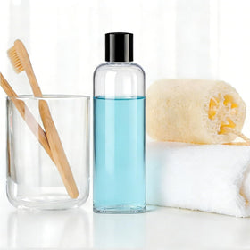RONIMAN bathroom storage idea using transparent bottles for quick access