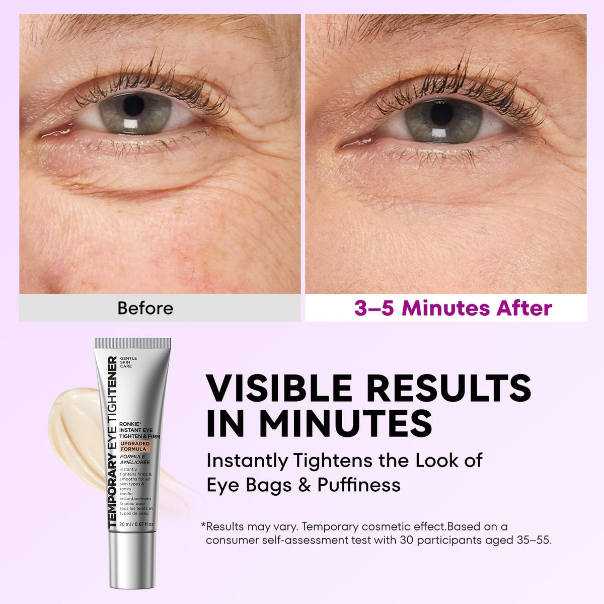 RONKIE Instant Eye Tightener cream texture on skin showing lightweight formula