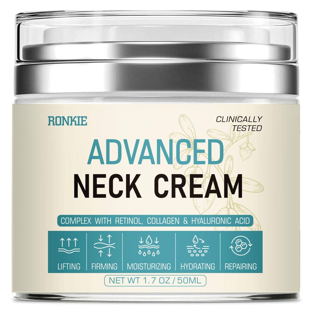RONKIE Neck Cream bottle with pump for easy application and lifting potential.