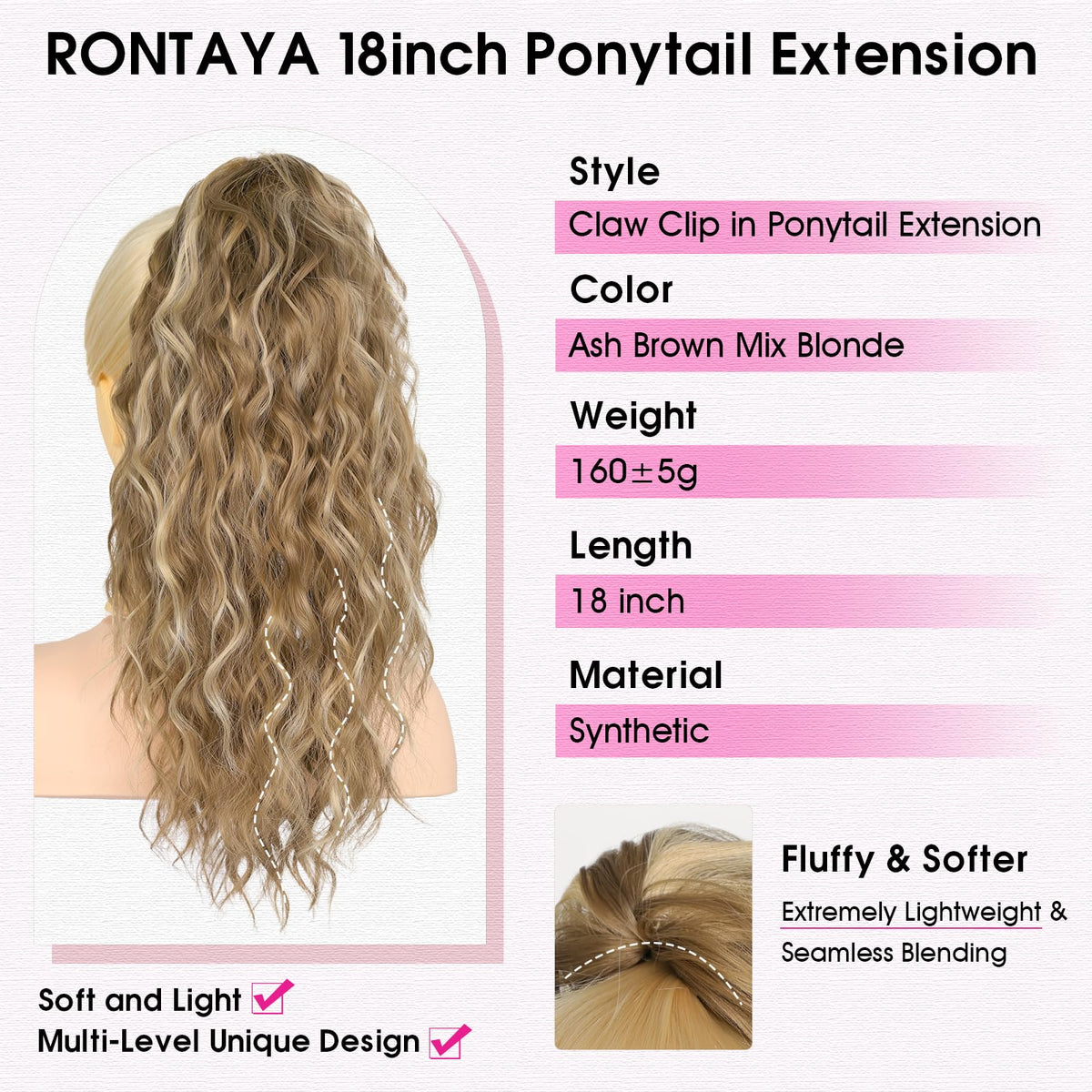 RONTAYA 18inch thick wavy ponytail closeup shows textured synthetic fibers.