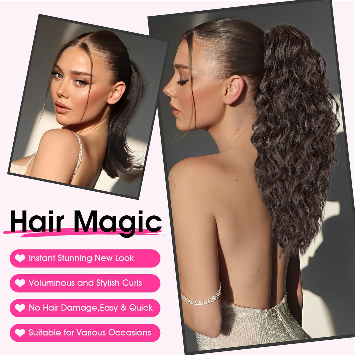 Close-up of the claw clip securing the ponytail for all-day wear.