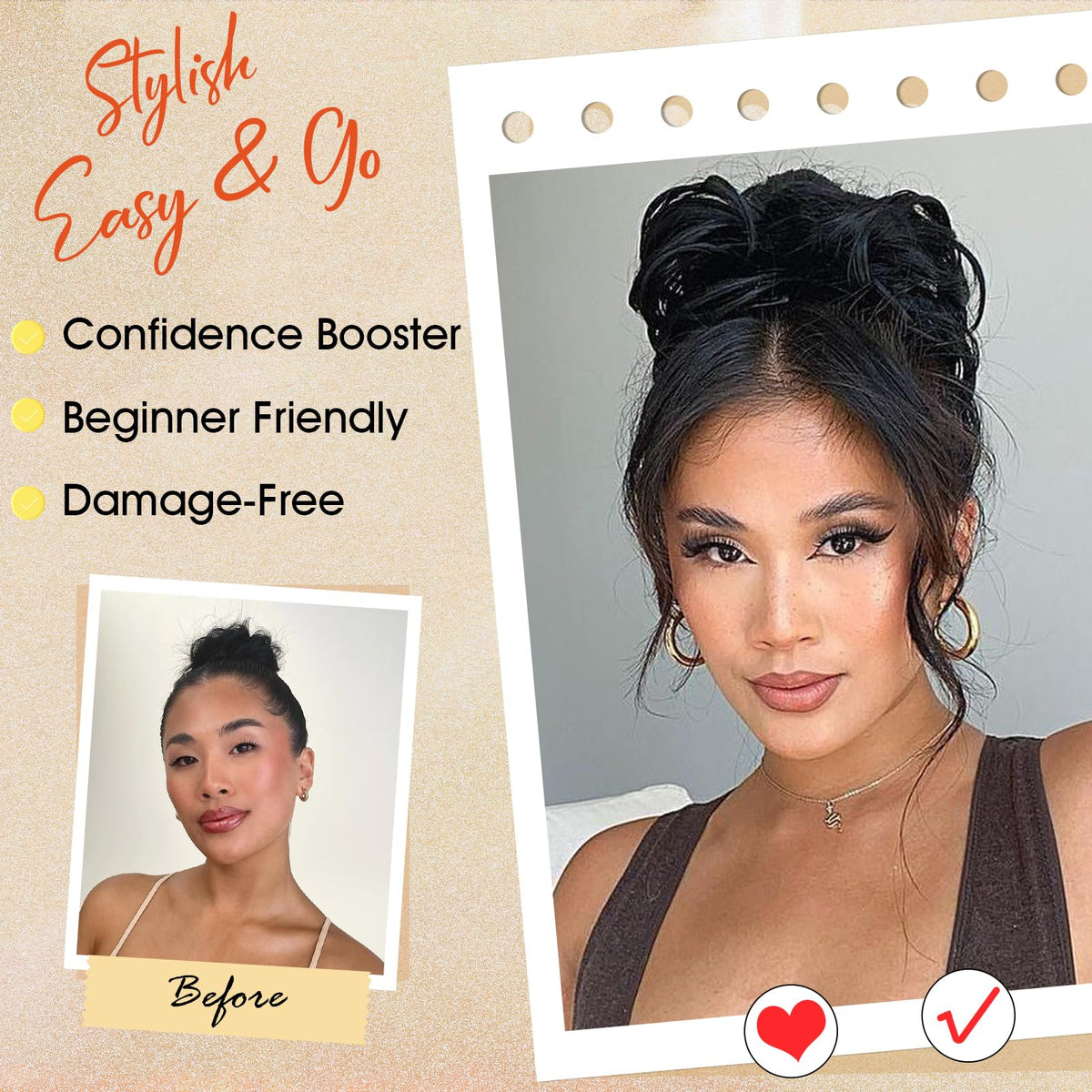 RONTAYA model-full bun using the messy bun hair piece for a chic updo.