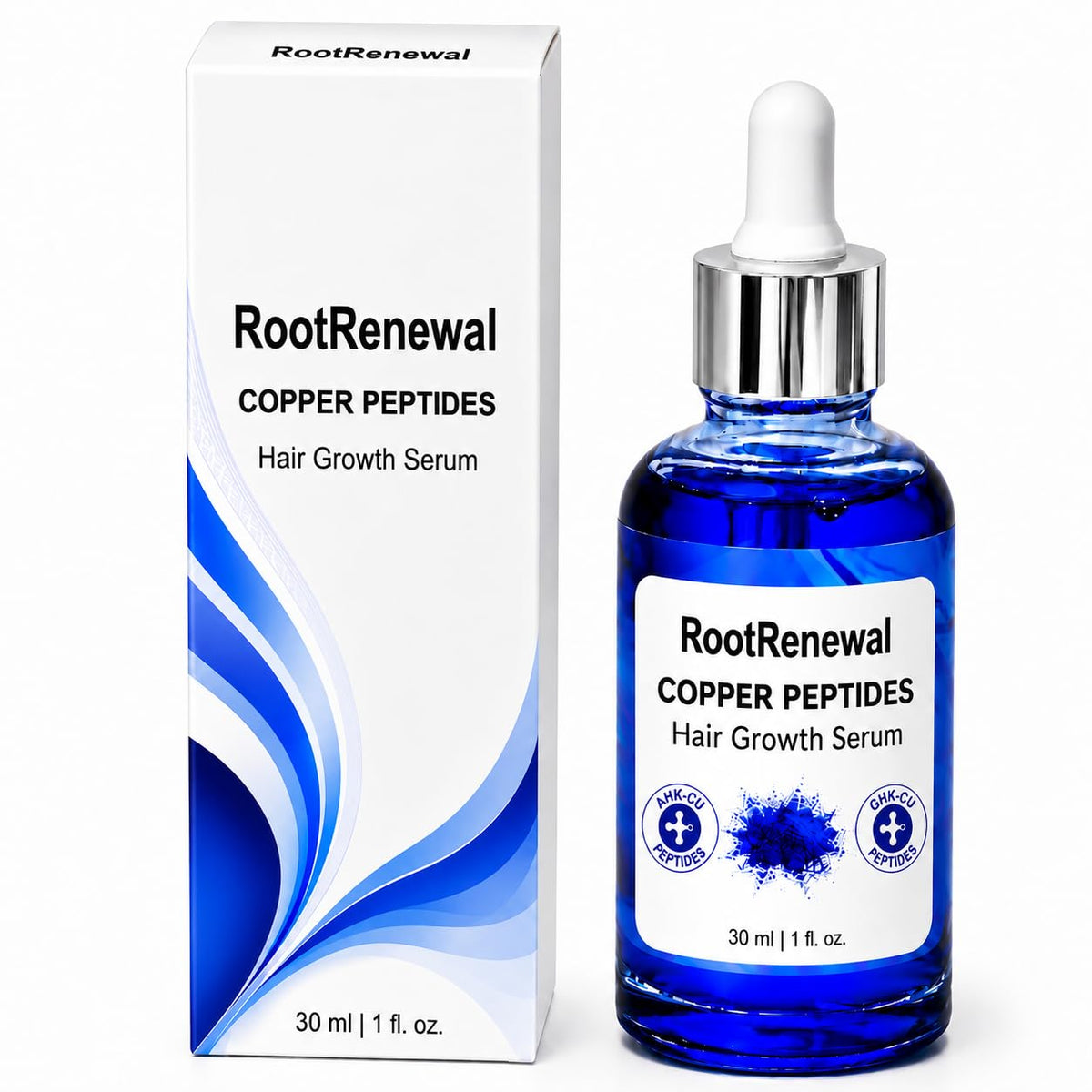 RootRenewal copper peptide serum bottle front view showing sleek packaging for daily use