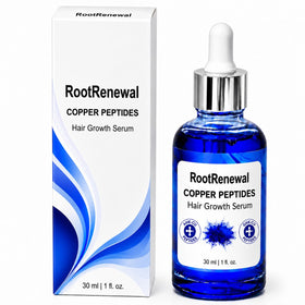 RootRenewal copper peptide serum bottle front view showing sleek packaging for daily use