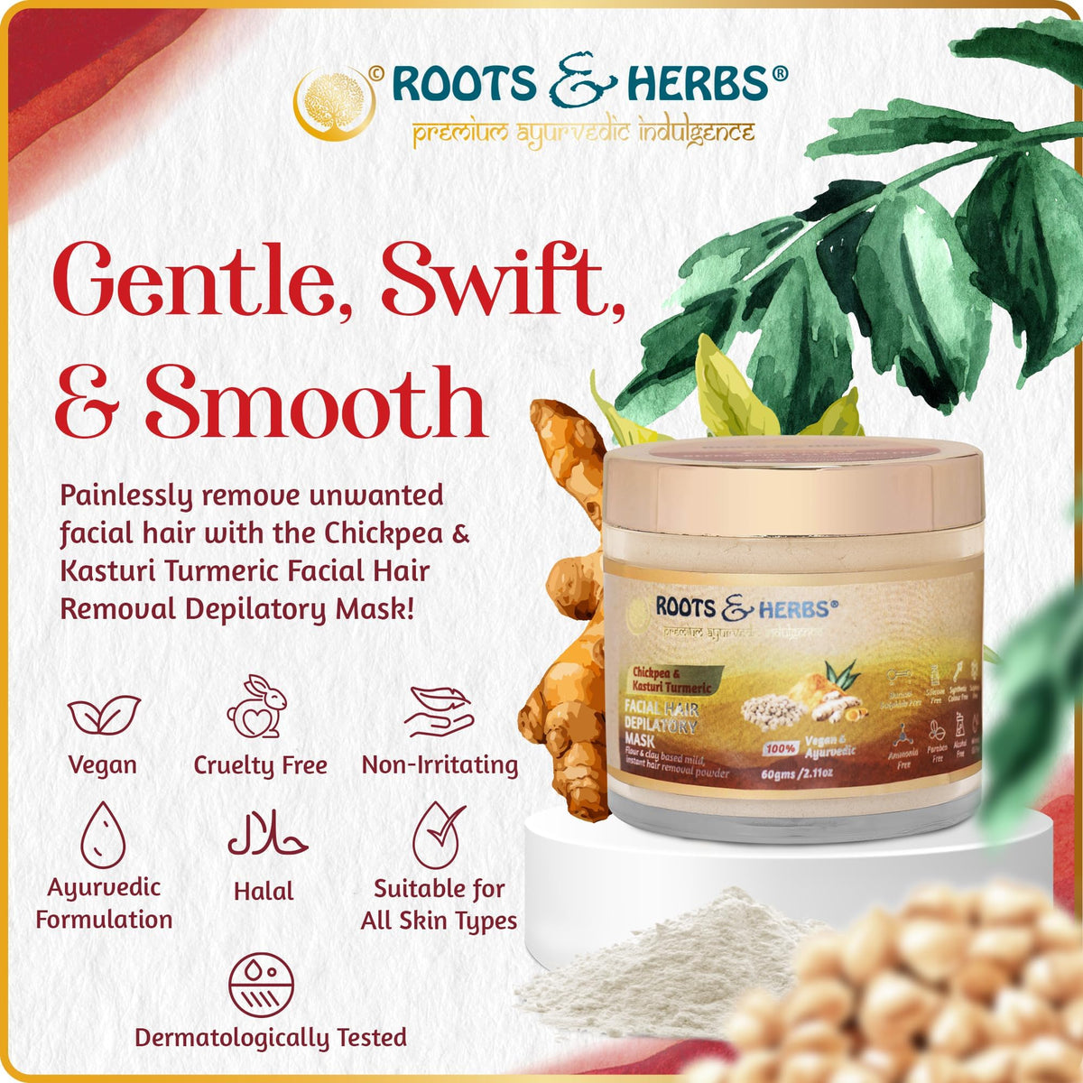 ROOTS AND HERBS applying mask to chin and jawline for hair reduction