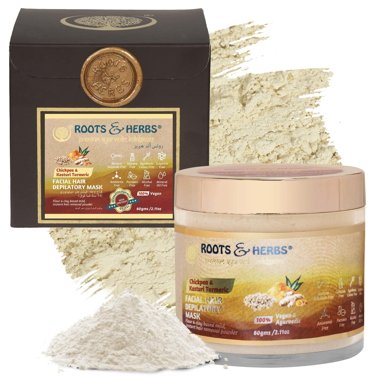 ROOTS AND HERBS chickpea-kasturi-turmeric face powder jar for gentle depilation