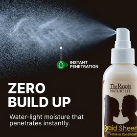 The Roots Naturelle Braid Sheen Spray anti-frizz finish on locs for sleek styles.