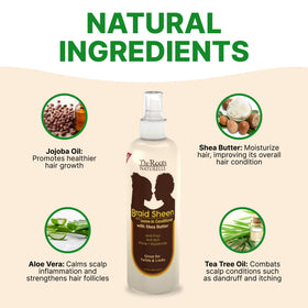 The Roots Naturelle Braid Sheen Spray close-up of essential oils enhances scalp comfort.