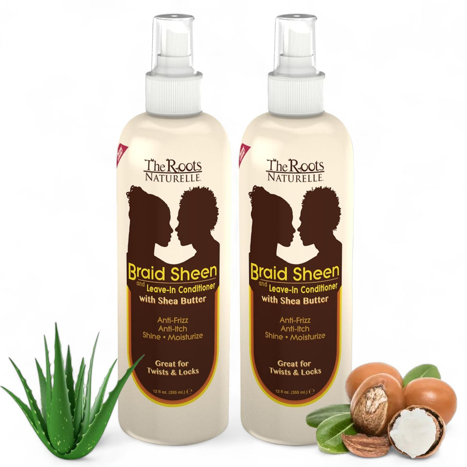 The Roots Naturelle Braid Sheen Spray bottle pour nourishes braids with natural shine.