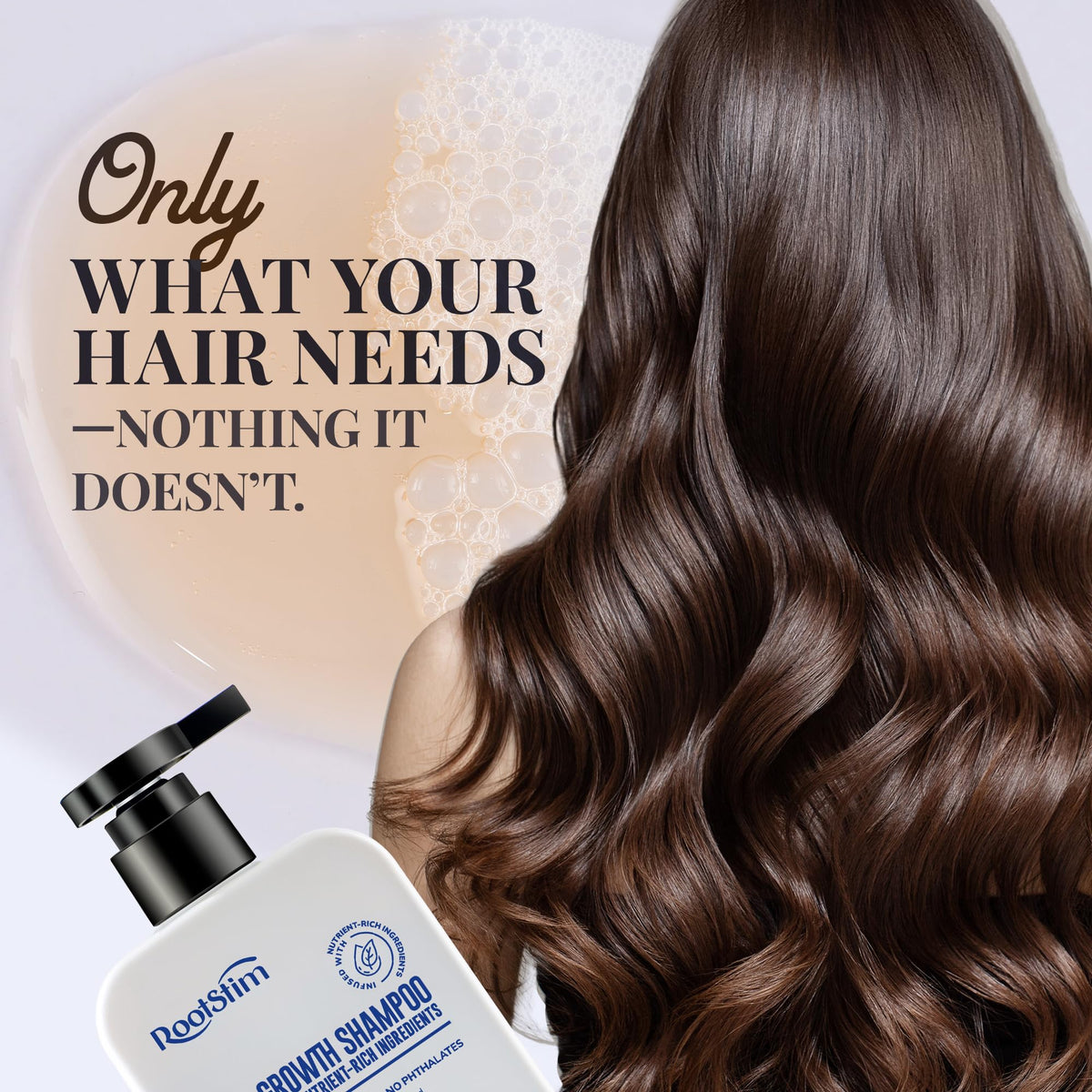 RootStim Biotin Rosemary Shampoo bottle beside natural extracts for shine