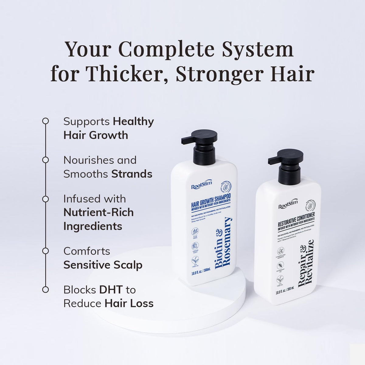 RootStim Hair Growth Conditioner bottle designed for detangling and smoother, thicker-feeling hair.