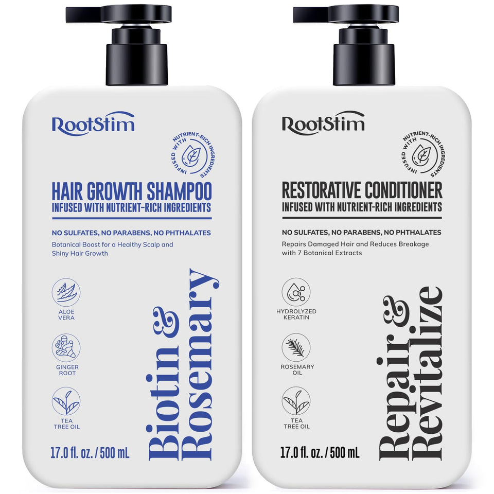 RootStim Hair Growth Shampoo bottle showcasing its botanical formula for scalp care and vitality.