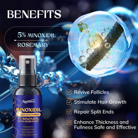RootStim minoxidil rosemary formula label highlights nourishing blend.
