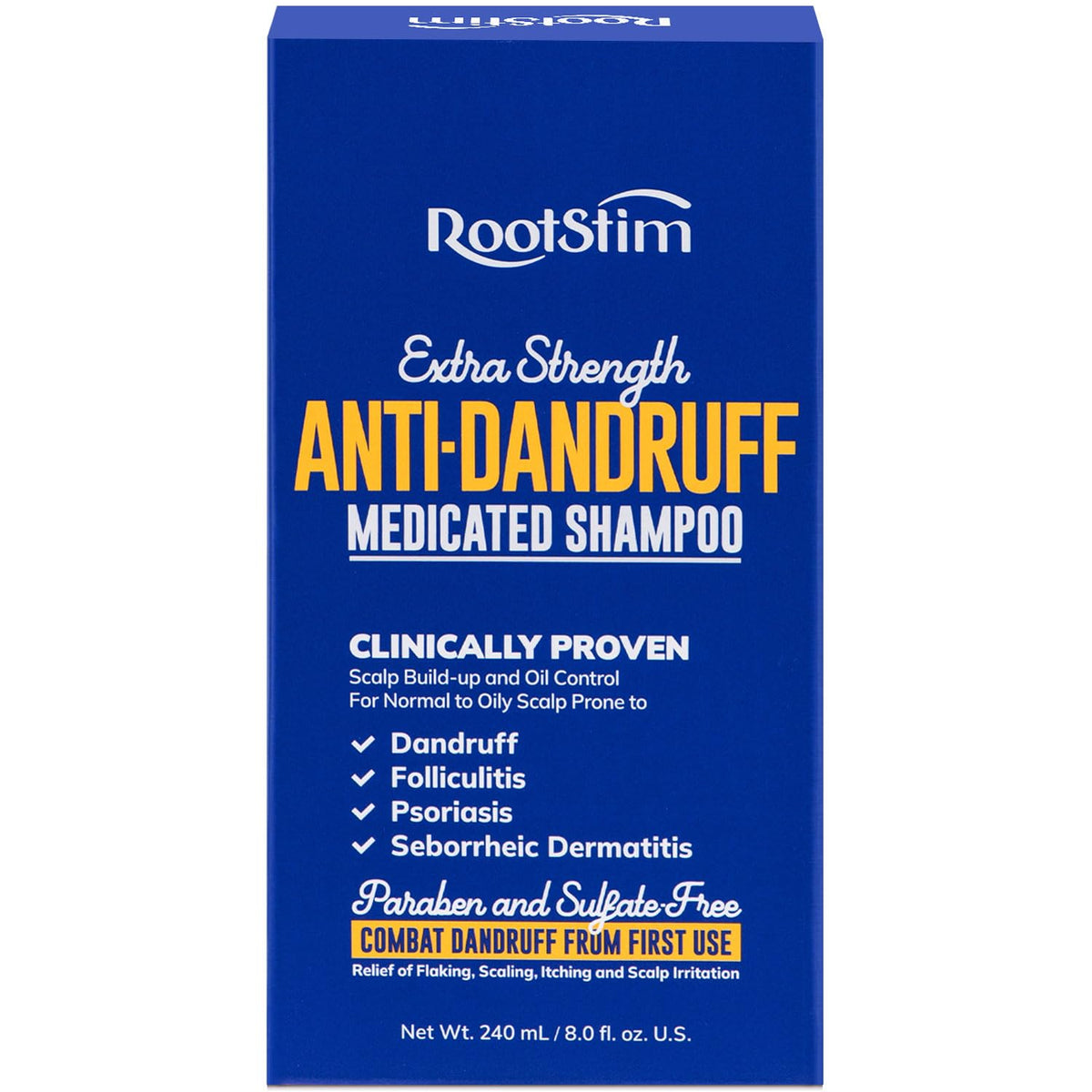 RootStim seborrheic-dermatitis-shampoo bottle-front shows medicated formula for flake relief.