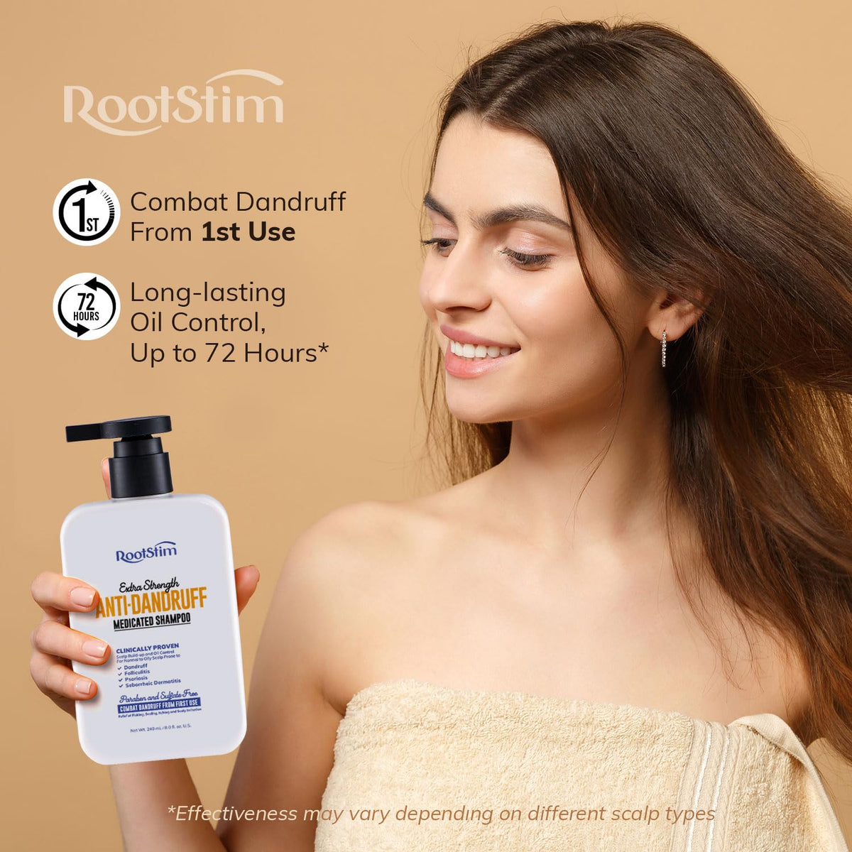 RootStim seborrheic-dermatitis-shampoo label-closeup highlights selenium sulfide and botanicals.