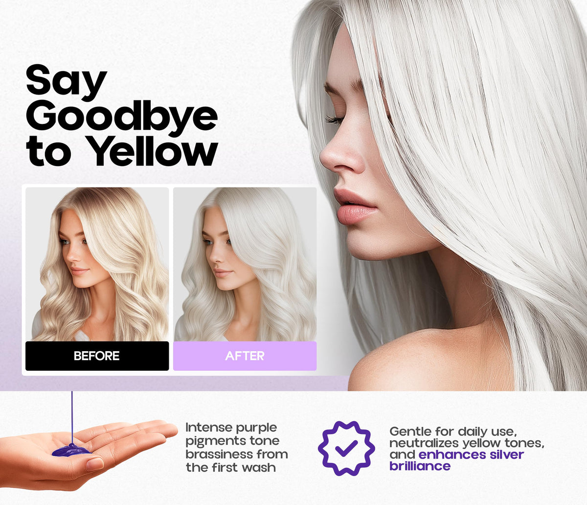 Roottina silver hair routine shot shows enhanced brightness and manageability.