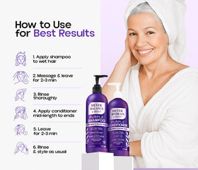 Roottina purple hair care set in shower scene for routine use.