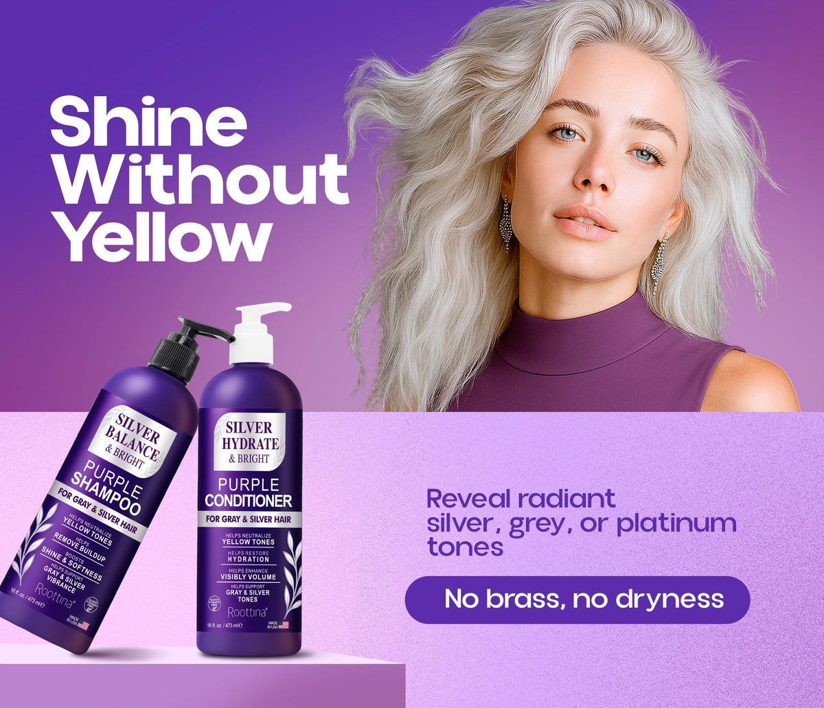 Roottina purple conditioner tube enhances moisture and vibrancy for grey hair.