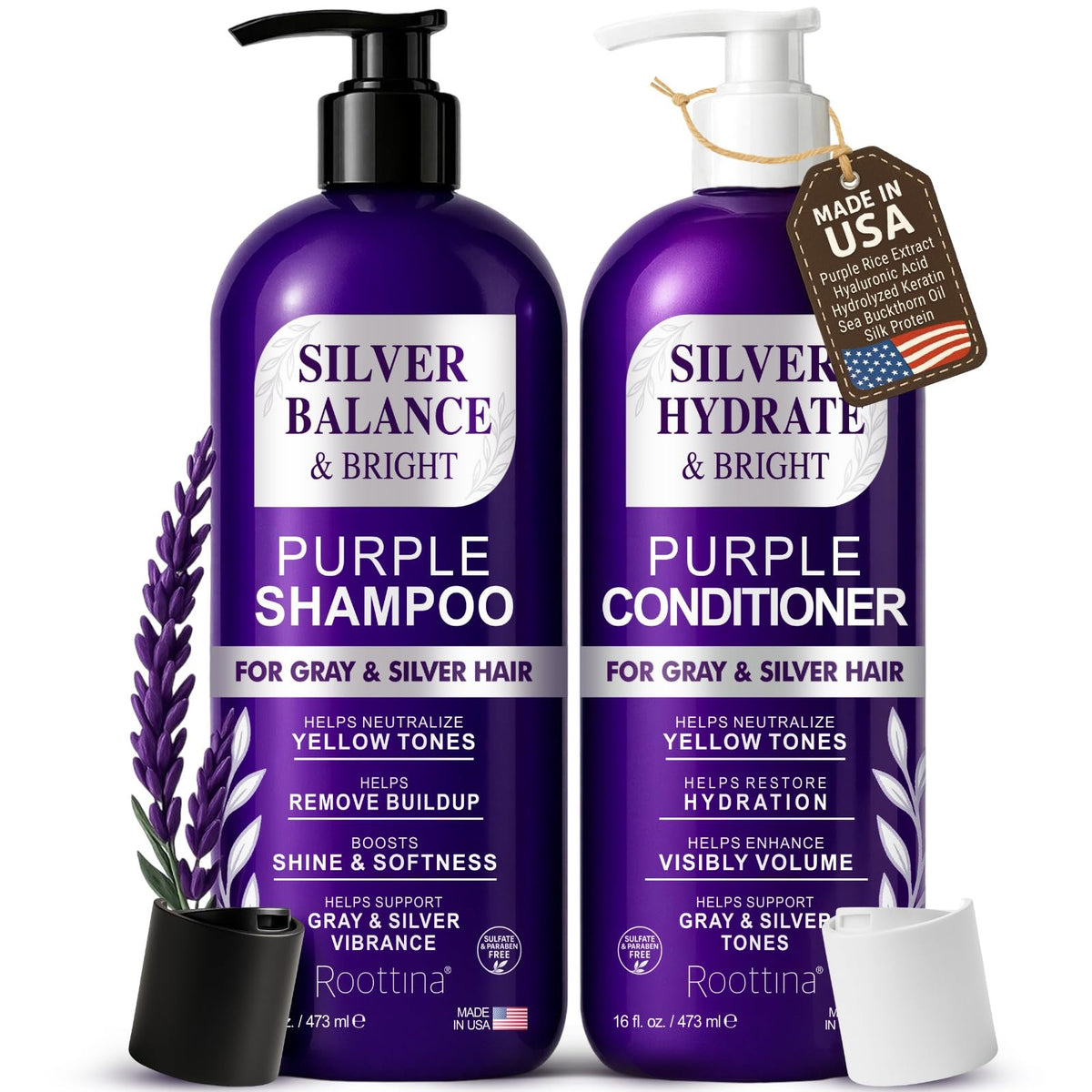Roottina sulfate-free purple shampoo bottle neutralizes brass for silver hair.