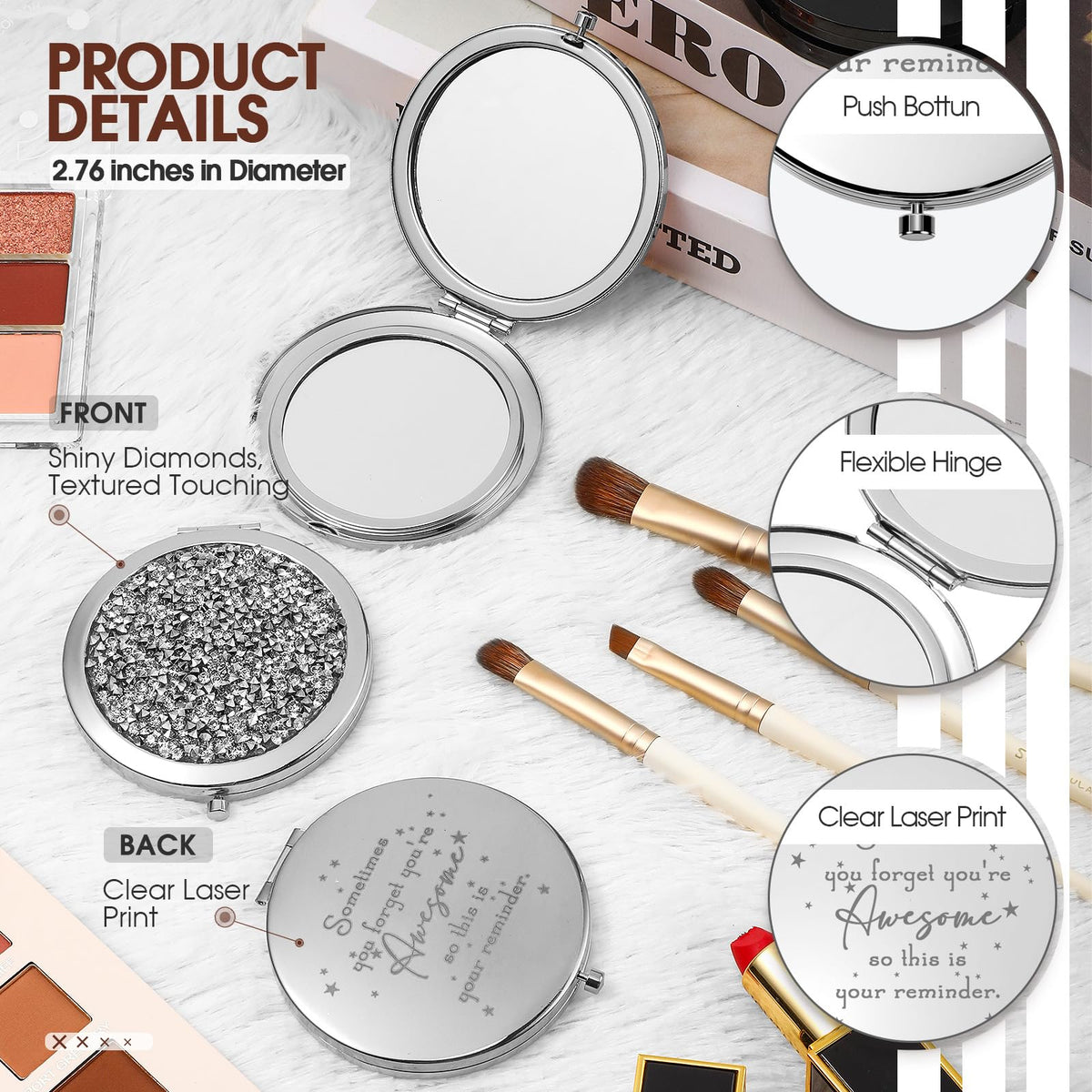 Roowest inspirational compact mirror back shows laser-printed quote.