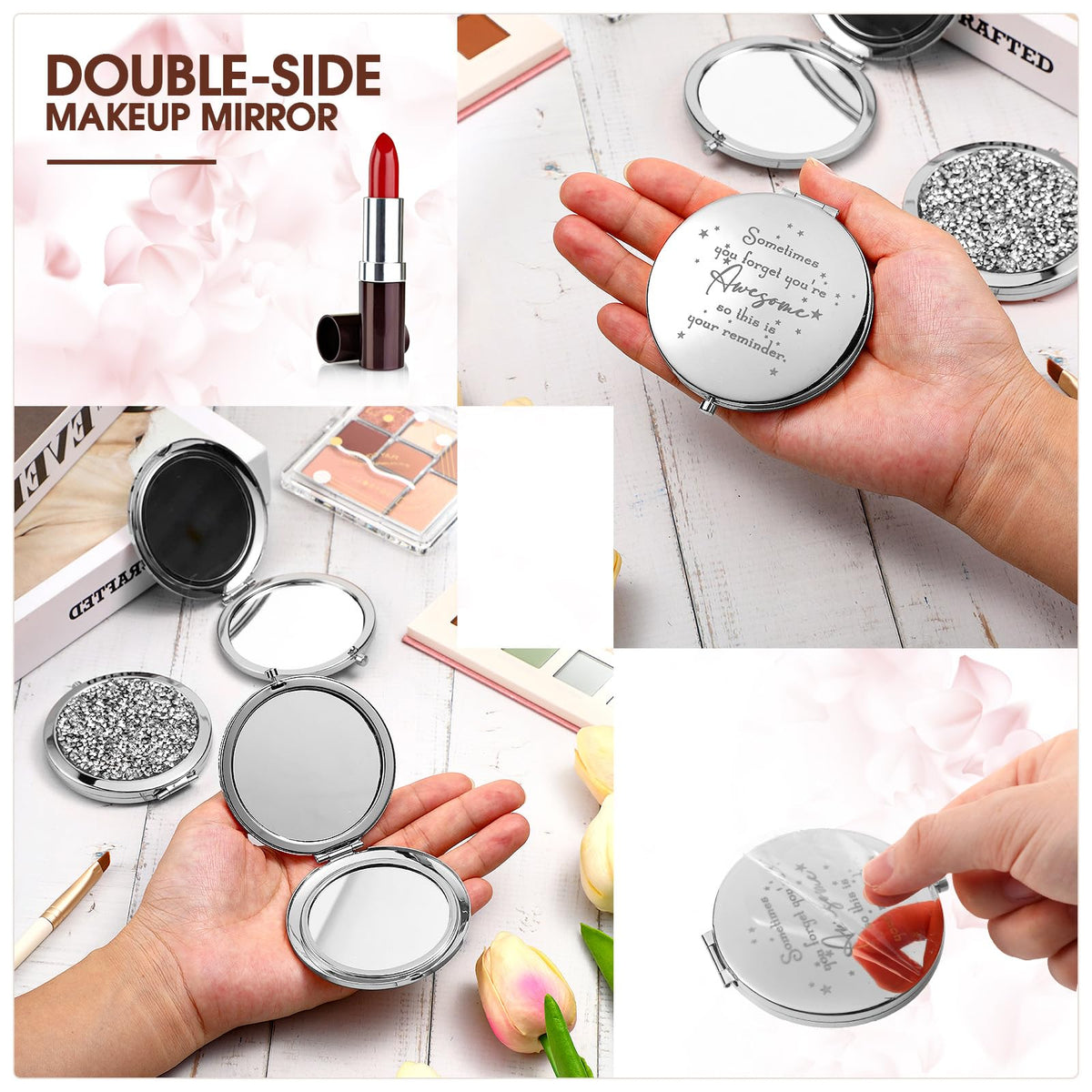 Roowest inspirational compact mirror close-up reveals metal shell with diamonds.