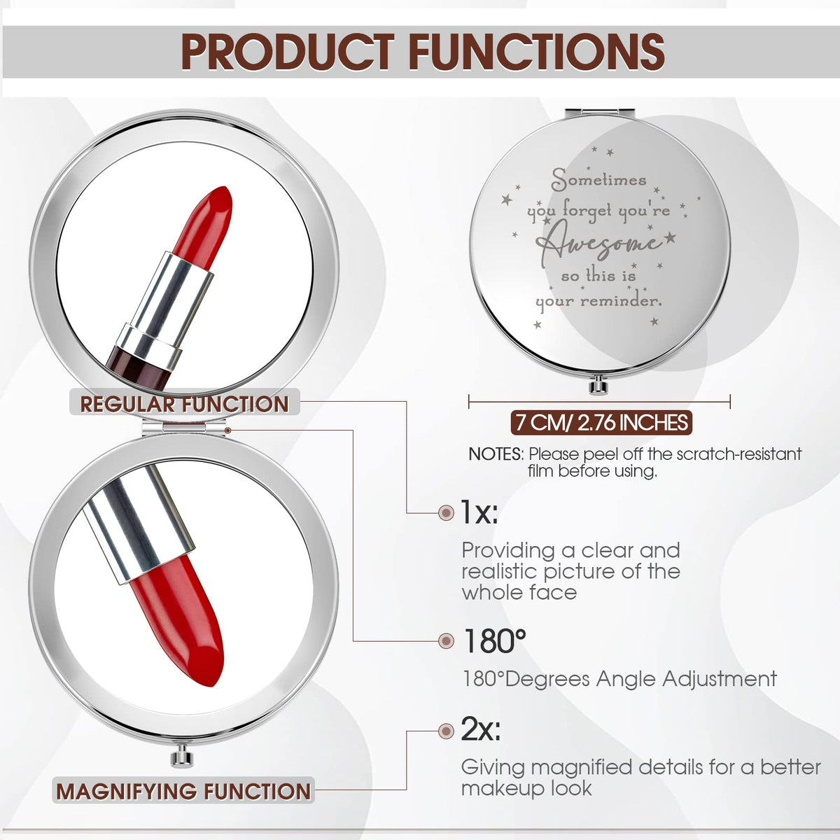 Roowest inspirational compact mirror double-sided, two magnifications for makeup checks