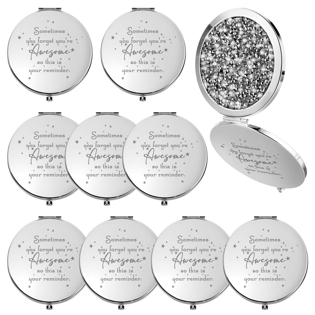 Roowest inspirational compact mirror front view, slim on-the-go touch-up tool.
