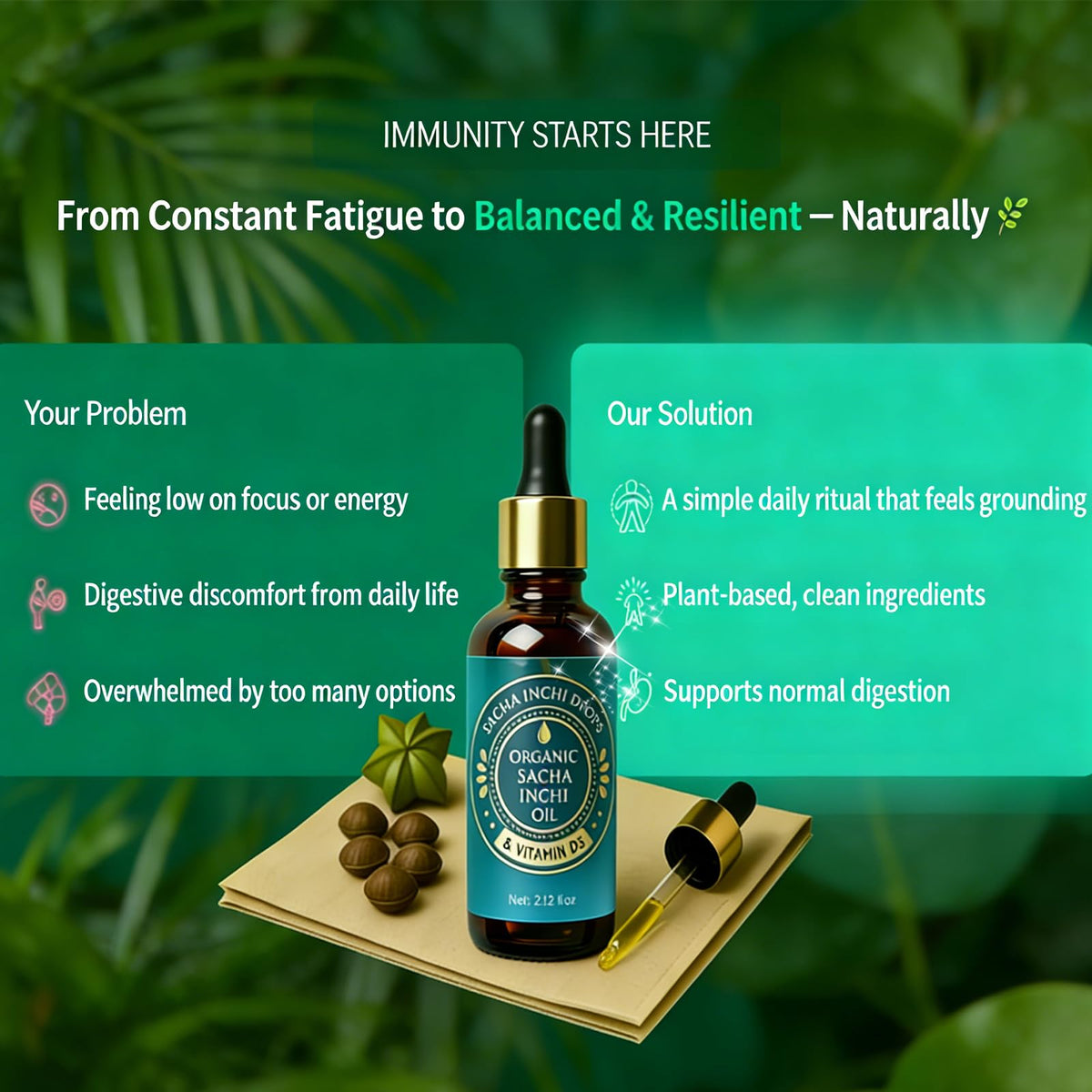 Roreiye Sacha Inchi Oil Drops closeup highlights rich omega-3 content in a liquid.