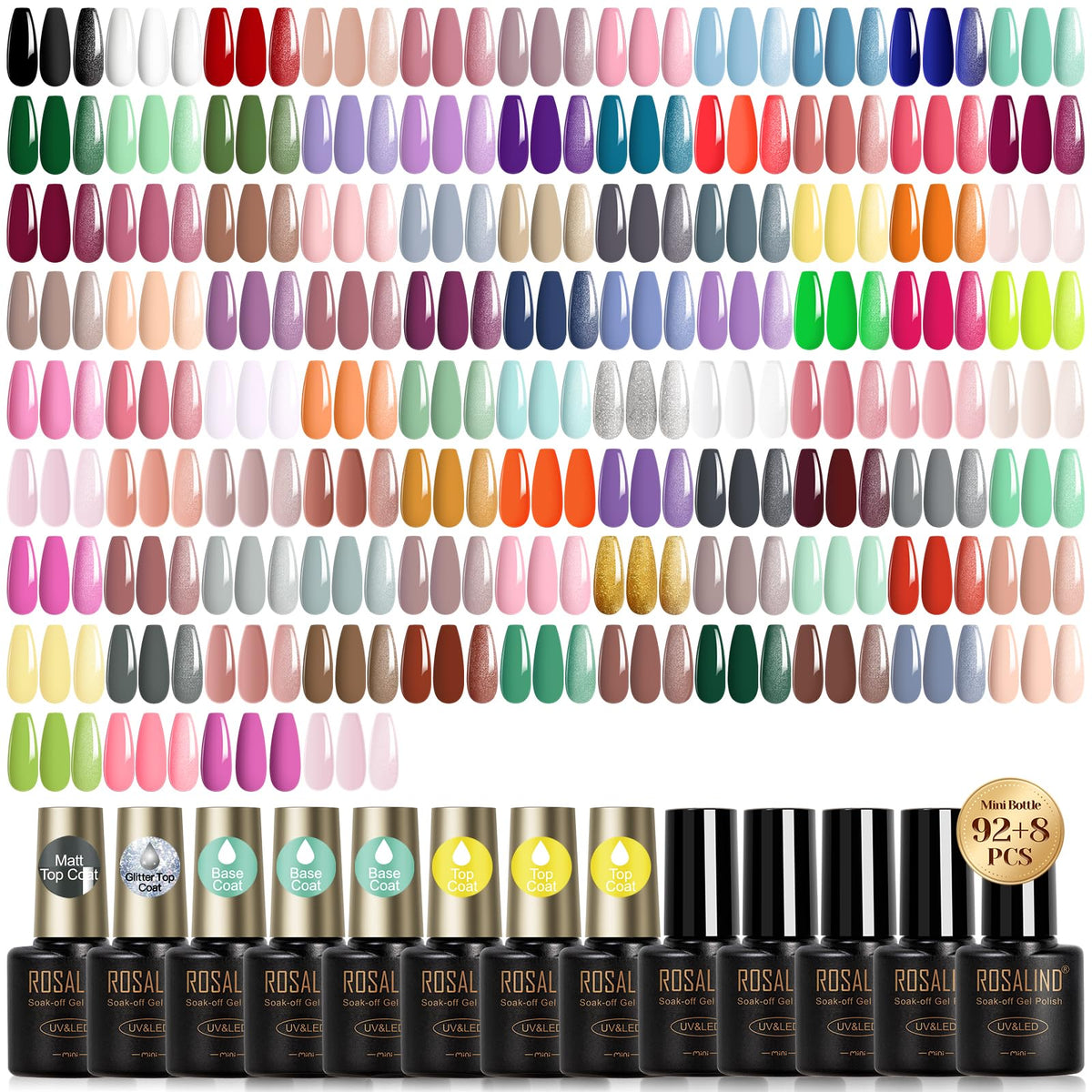 ROSALIND 100PCS gel nail polish set color swatches in a rainbow palette for all seasons.