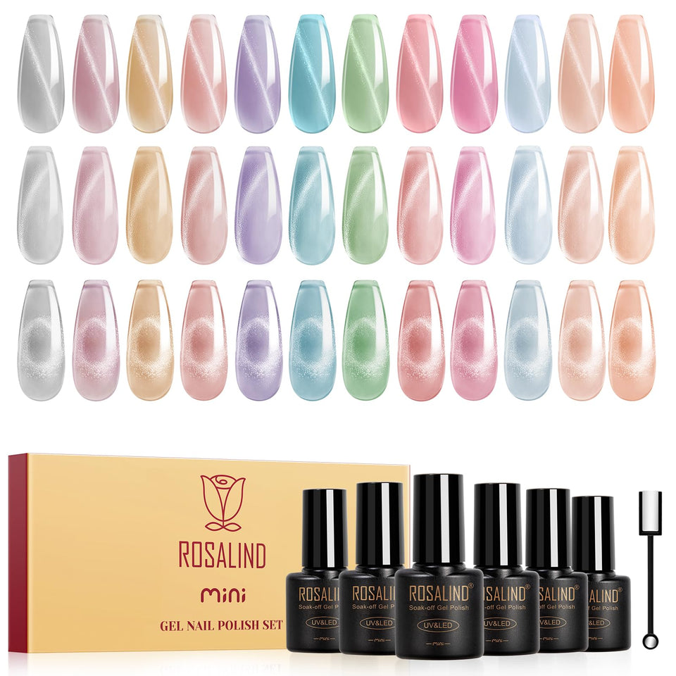 ROSALIND cat eye gel polish set with 12 colors and magnet stick for versatile finishes.