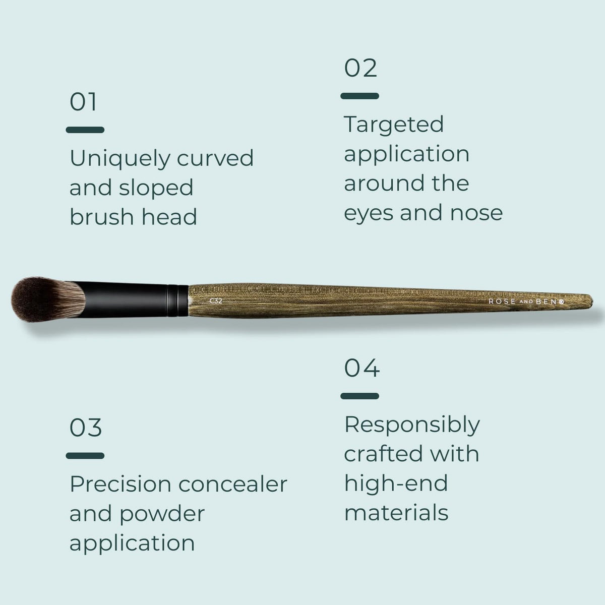 Rose and Ben Beauty C32 fibers closeup highlighting soft vegan fibers for buildable coverage.