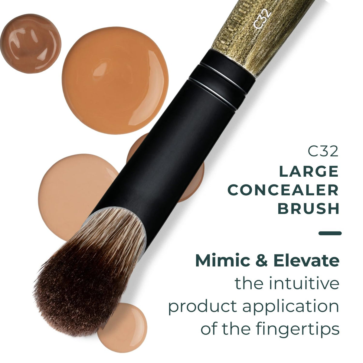 Rose and Ben Beauty C32 brush side view showing ergonomic handle for comfortable blending.