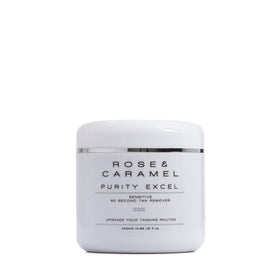 Rose and Caramel Purity Excel self tan remover bottle, fragrance-free for sensitive skin.