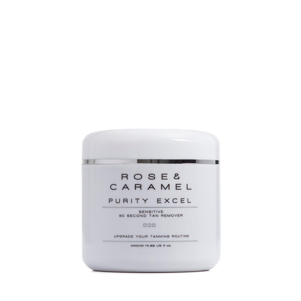 Rose and Caramel Purity Excel self tan remover bottle, fragrance-free for sensitive skin.