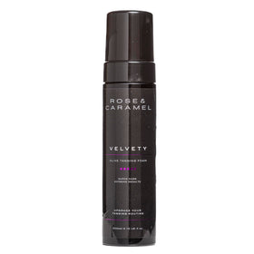 Rose & Caramel Velvety Self-Tanning Mousse bottle with olive undertones for natural bronze.