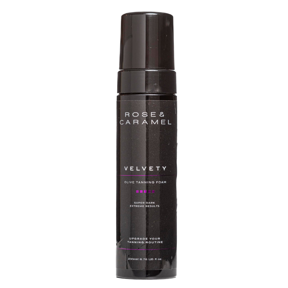 Rose & Caramel Velvety Self-Tanning Mousse bottle with olive undertones for natural bronze.