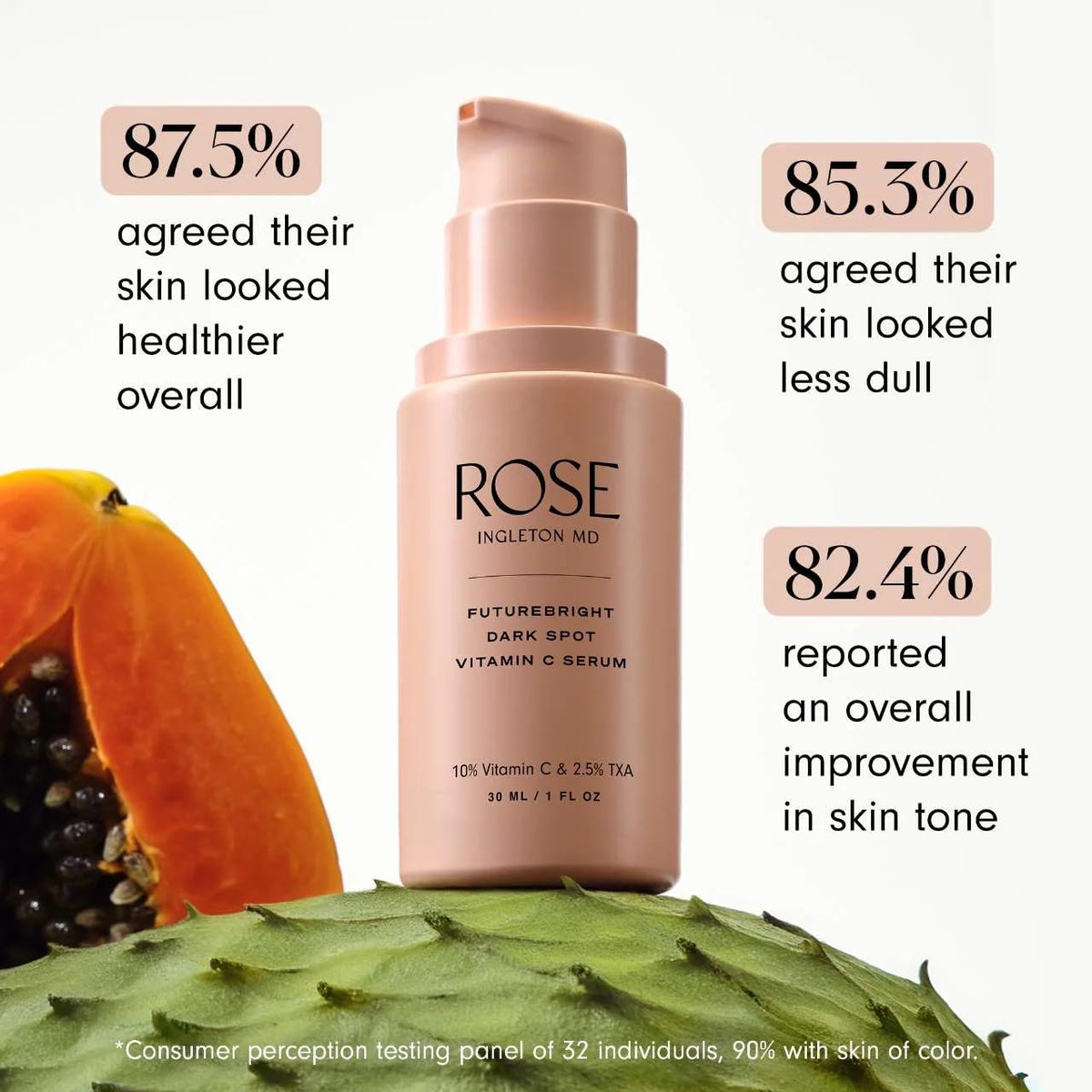 ROSE Ingleton MD FutureBright serum's milky texture glides on gently for brightening.