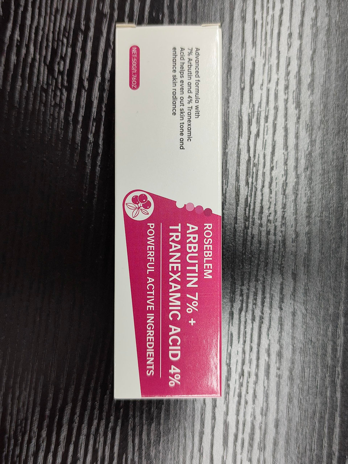 Roseblem ingredients panel highlights arbutin and tranexamic acid benefits