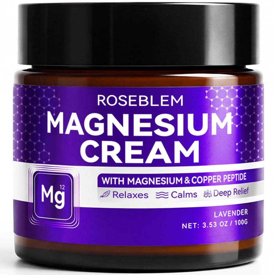 Roseblem magnesium cream bottle for leg and body comfort.