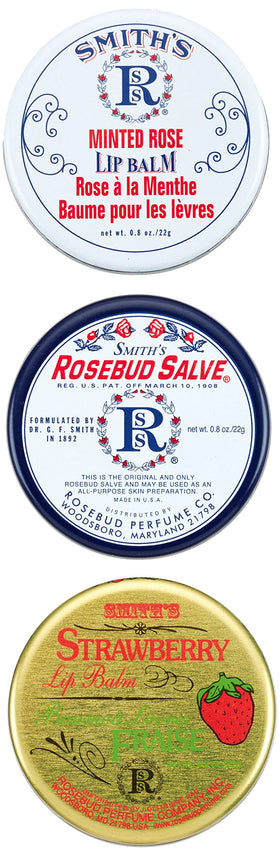 Rosebud Salve Three Layers Lip Balm close-up shows creamy texture for chapped skin.