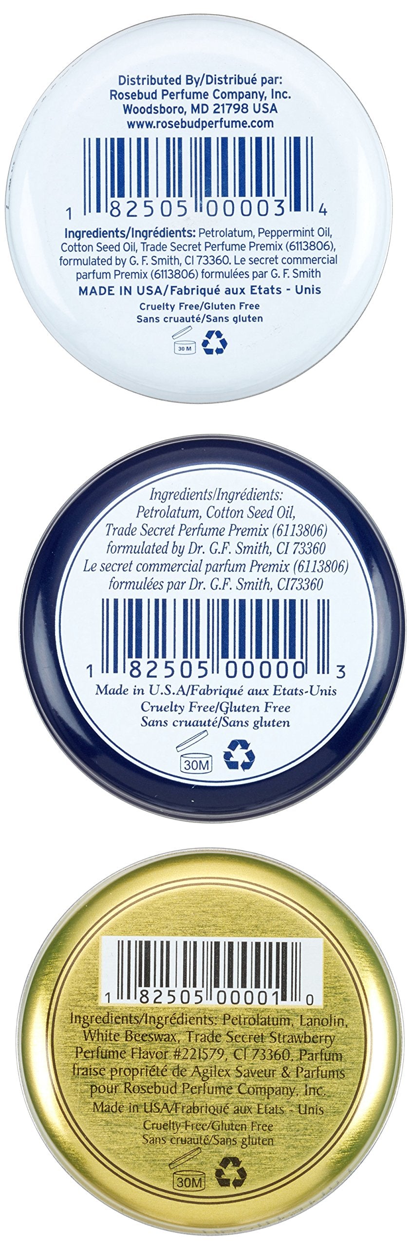 Rosebud Salve Three Layers Lip Balm container closeup highlights compact packaging.