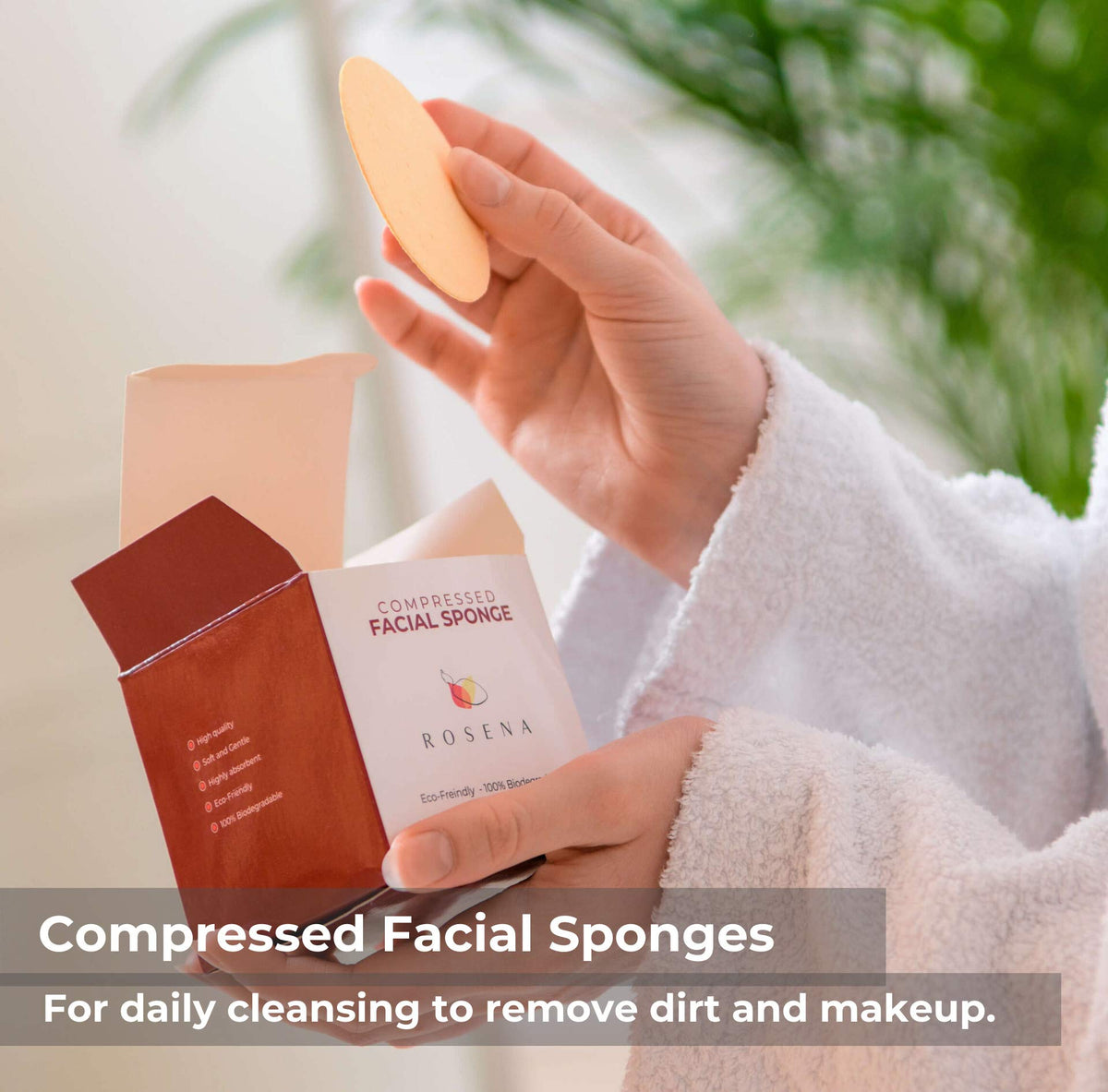 ROSENA compressed cellulose sponges close-up showing gentle exfoliation