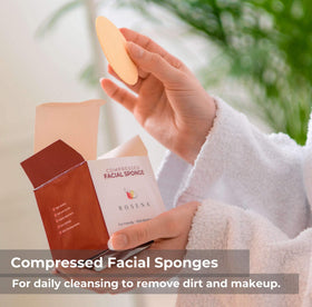 ROSENA compressed cellulose sponges close-up showing gentle exfoliation