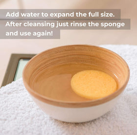 ROSENA round face sponge in use for makeup removal