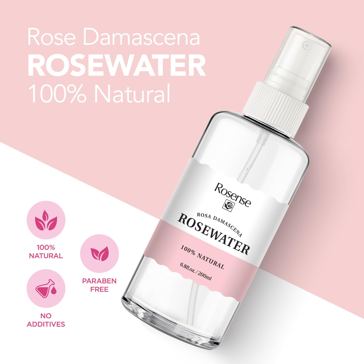 Close-up of Rosense rosewater mist sprayer, quick refreshing skin during the day.