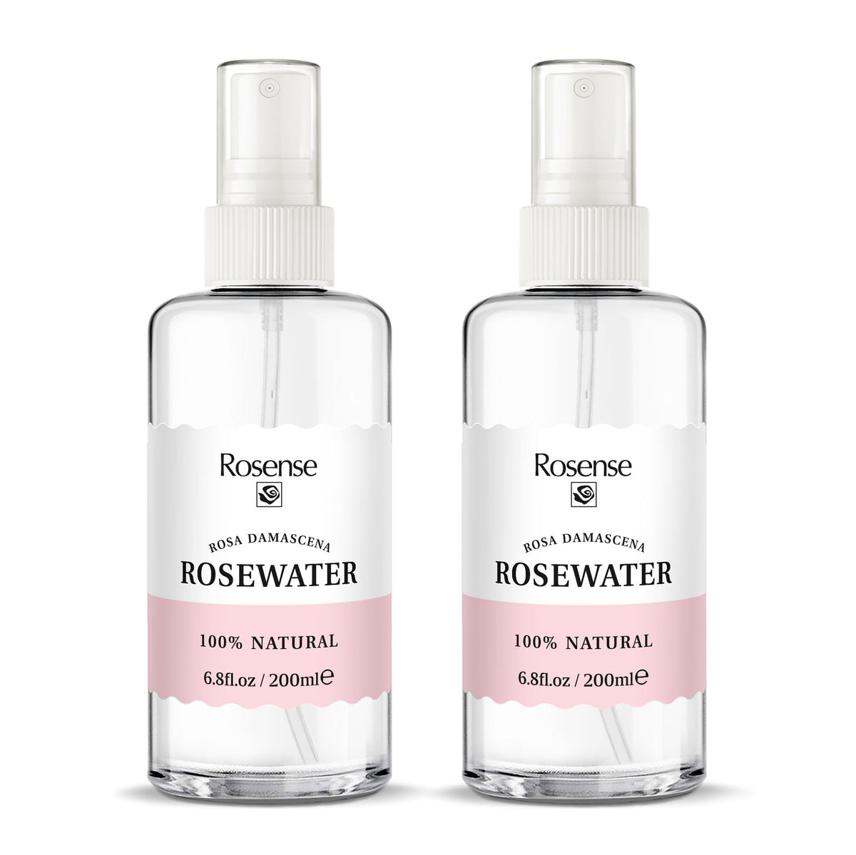 Rosense rosewater toner bottle with petals, soothing daily hydration for balanced skin.