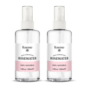 Rosense rosewater toner bottle with petals, soothing daily hydration for balanced skin.