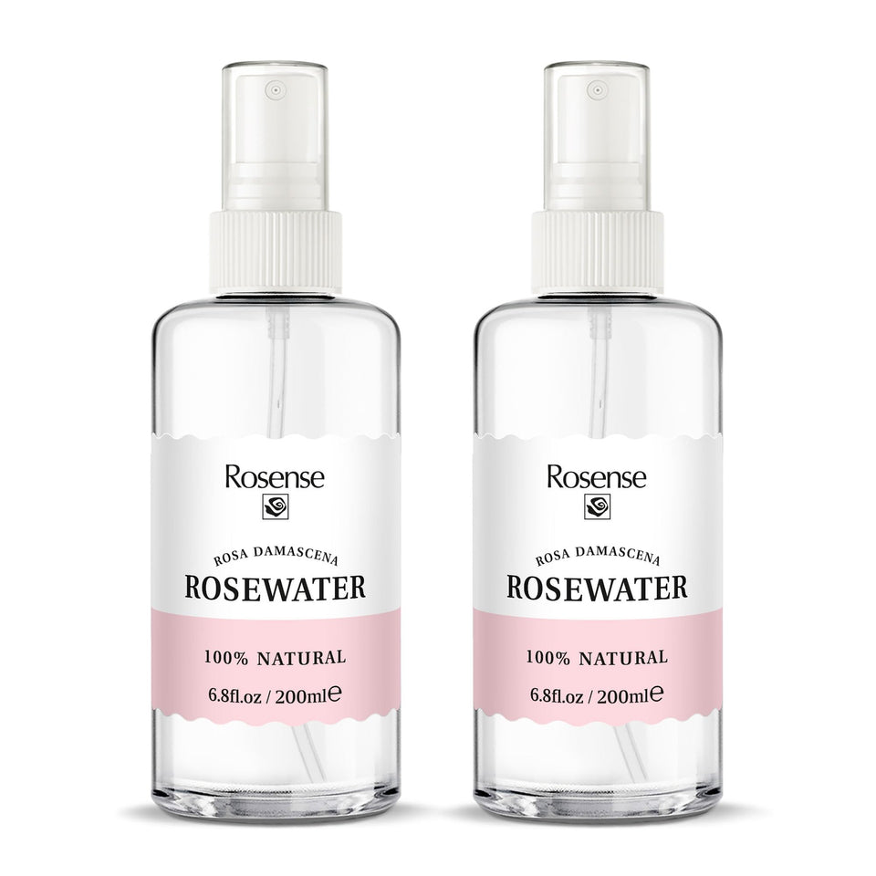 Rosense rosewater toner bottle with petals, soothing daily hydration for balanced skin.